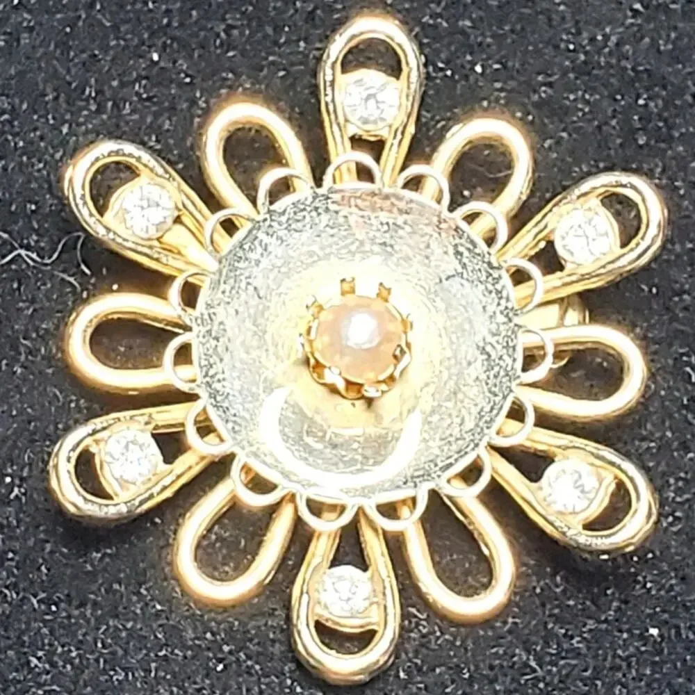 Clear Rhinestone Faux Pearl Gold Tone Vtg Unsigned 1.5